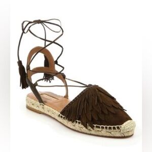 AQUAZZURA Pocahontas Fringed Suede Lace-Up Espadrille Flats in Chocolate-Sz 36.5